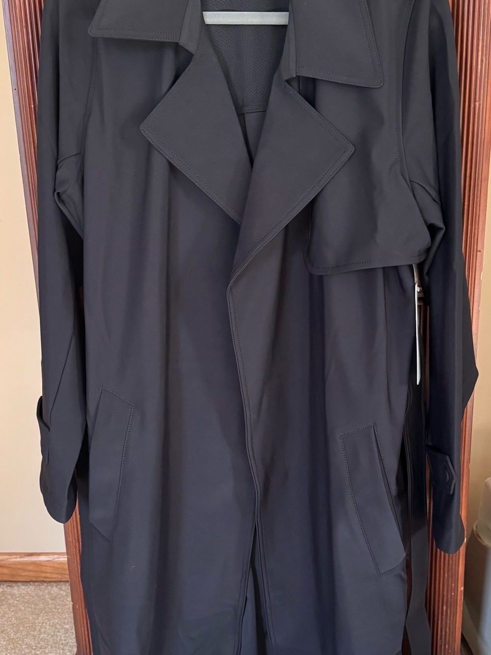 Athleta Black Long Trench Coat with Notch Lapel